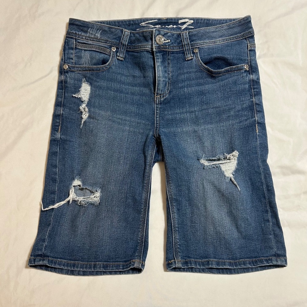 Seven7 Womens Distressed Bermuda Denim Shorts Blue Size 6 MY3107 Bishop BU‎